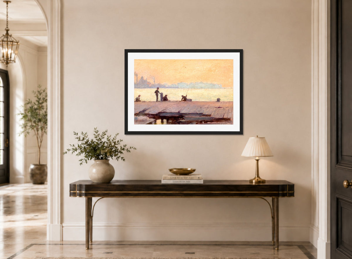 Charles Courtney Curran Print, Fishermen on the Dock (1895) displayed above a console table