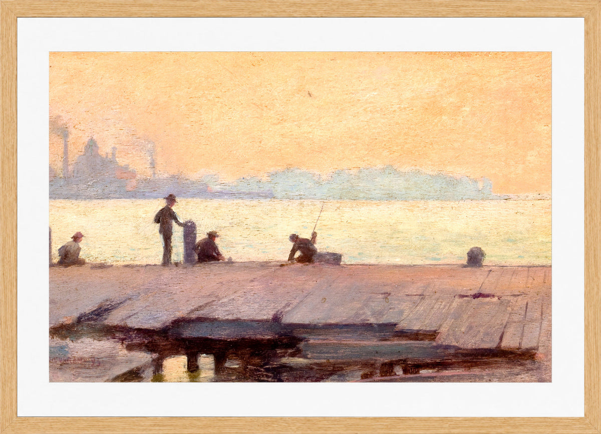 Charles Courtney Curran Print, Fishermen on the Dock (1895) in a light oak frame