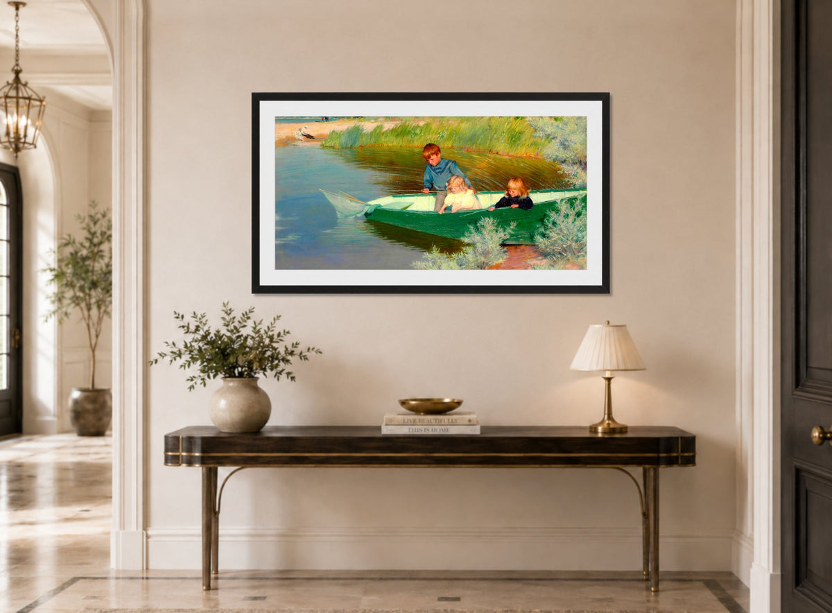 Charles Courtney Curran Print, Great Expectations (1897) displayed above a console table