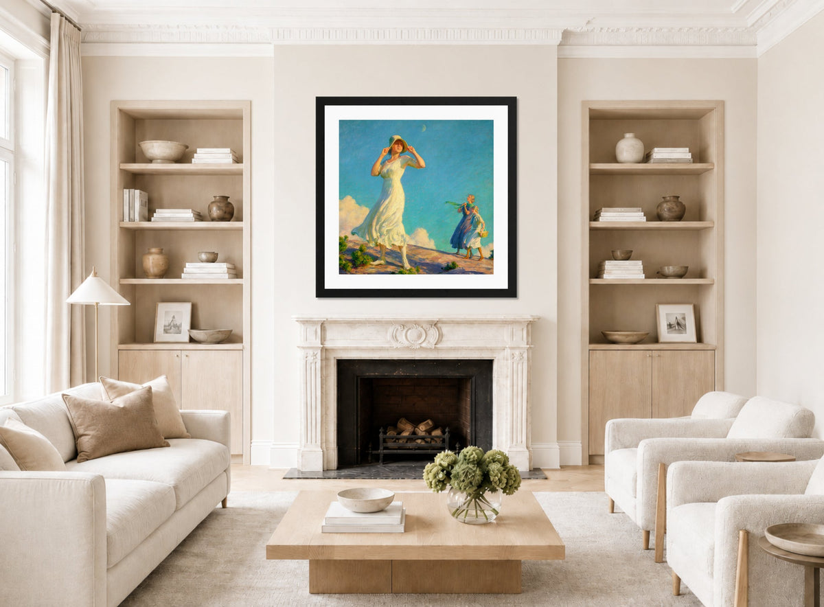 Charles Courtney Curran Print, High Country (1917) displayed in a Scandinavian living room