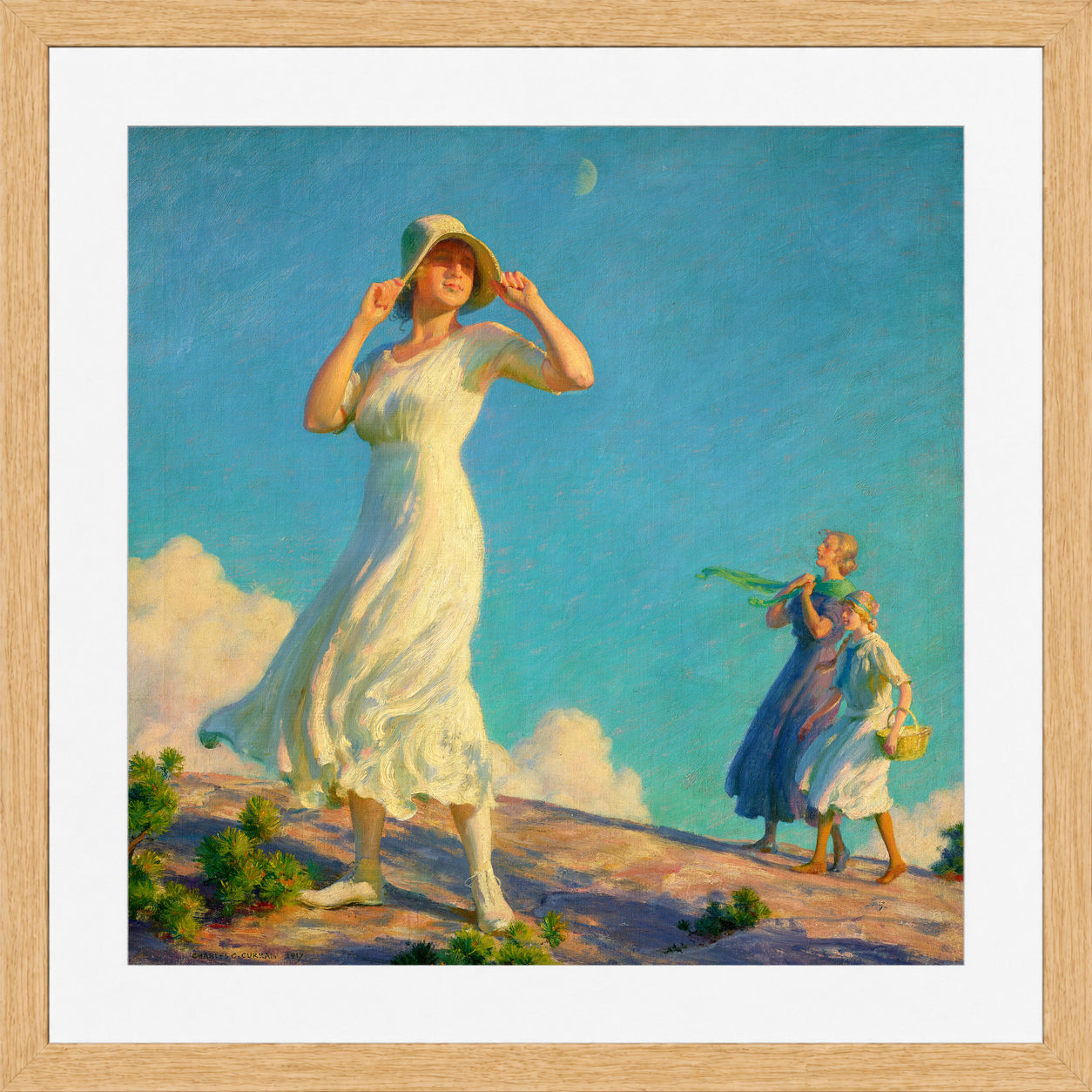Charles Courtney Curran Print, High Country (1917) in a light oak frame
