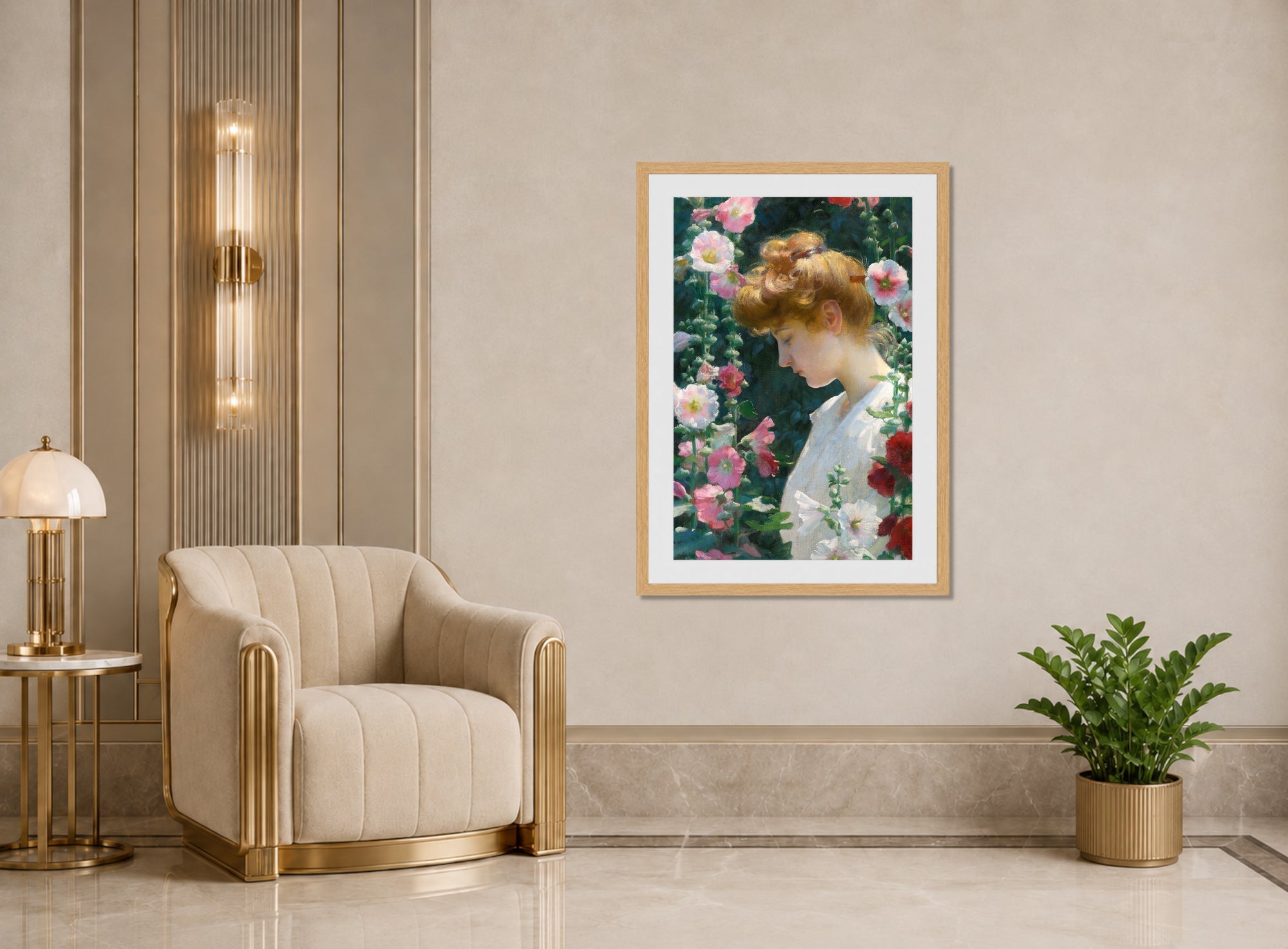 Charles Courtney Curran Print, Hollyhocks and Sunlight (1902) displayed in an Art Deco interior