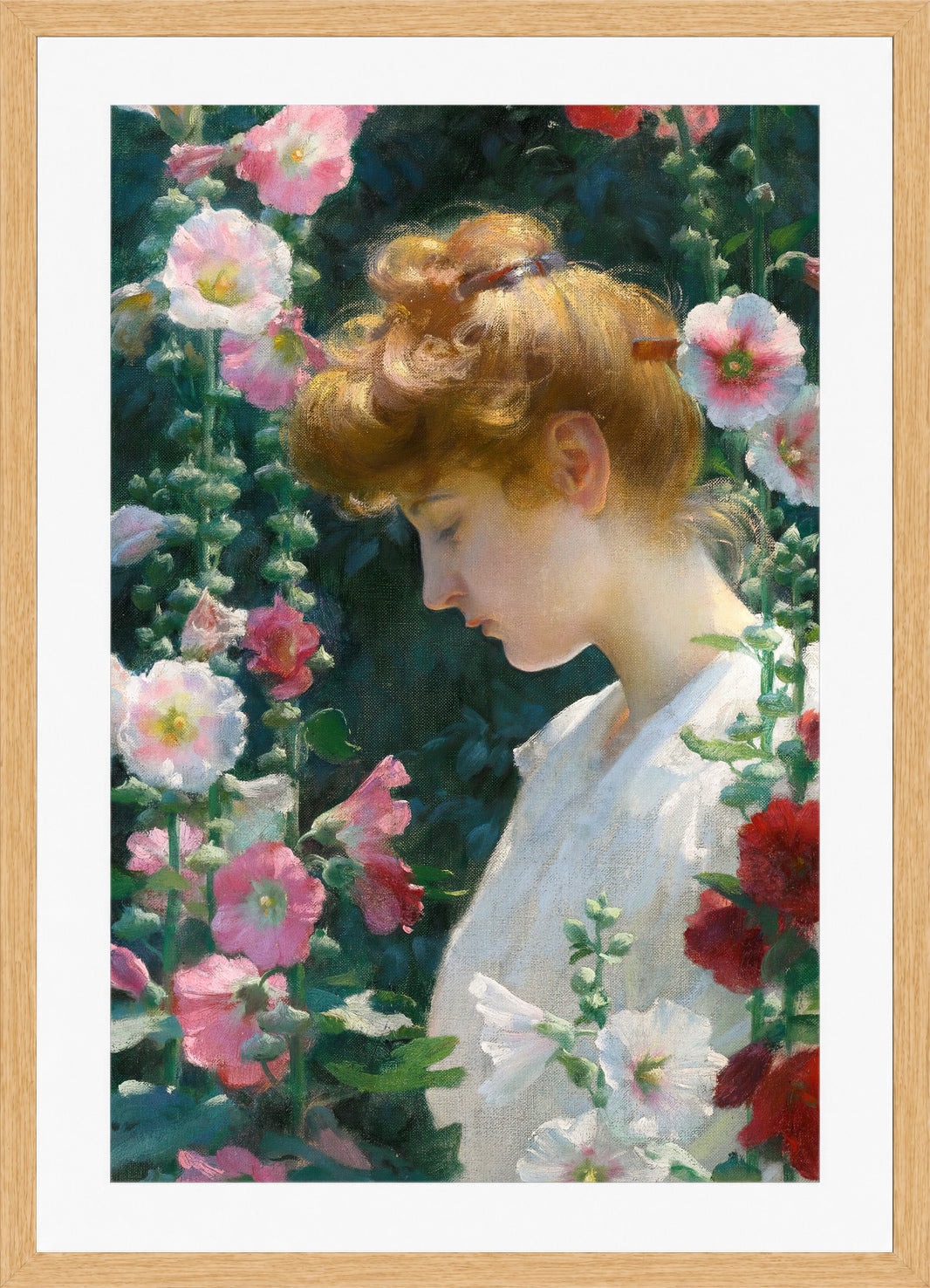 Charles Courtney Curran Print, Hollyhocks and Sunlight (1902) in a light oak frame