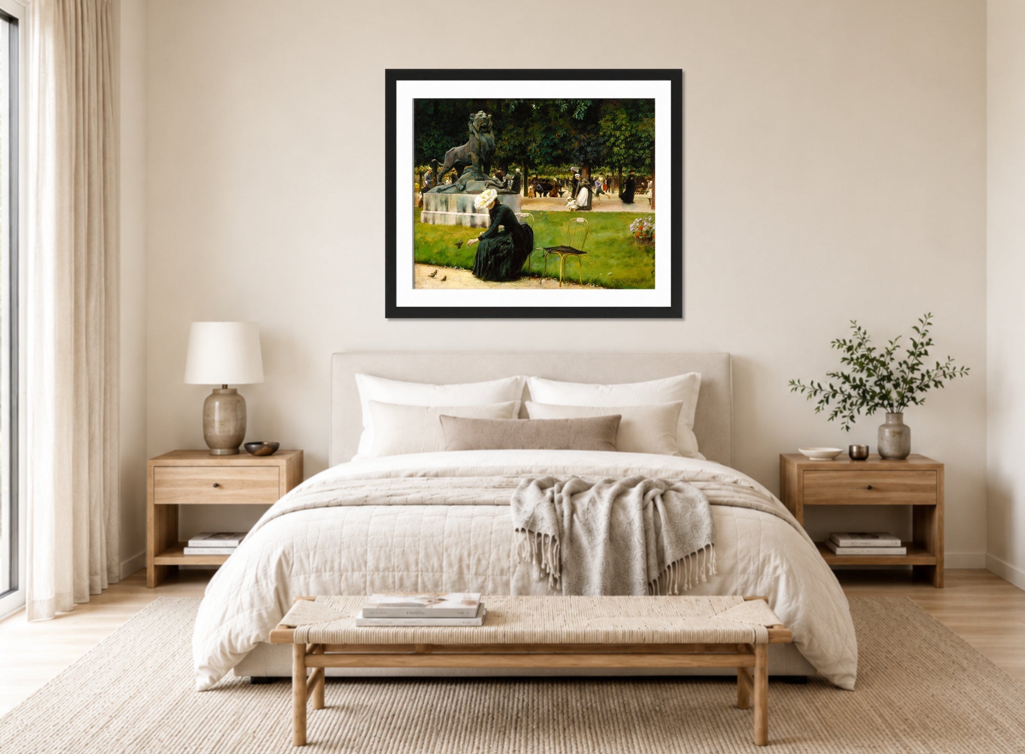 Charles Courtney Curran Print, In the Luxembourg (Garden) (1889) displayed above a bed