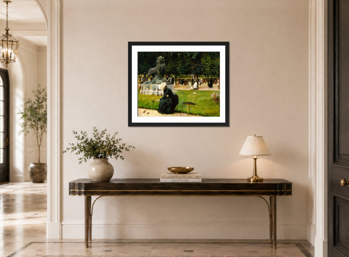 Charles Courtney Curran Print, In the Luxembourg (Garden) (1889) displayed above a console table
