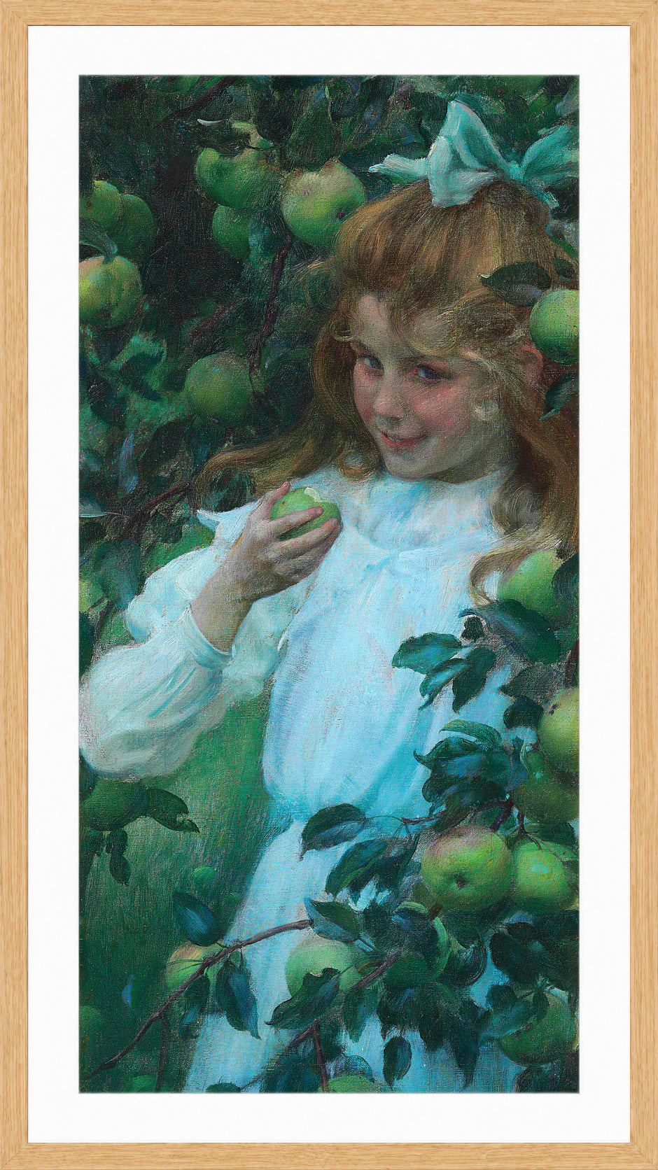 Charles Courtney Curran Print, In the Orchard (1904) in a light oak frame