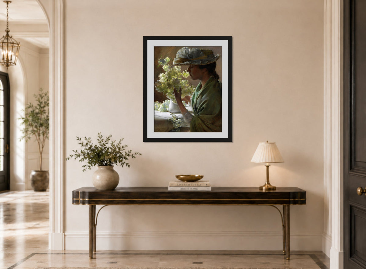 Charles Courtney Curran Print, Lady with a Bouquet (Snowballs) (1890) displayed above a console table