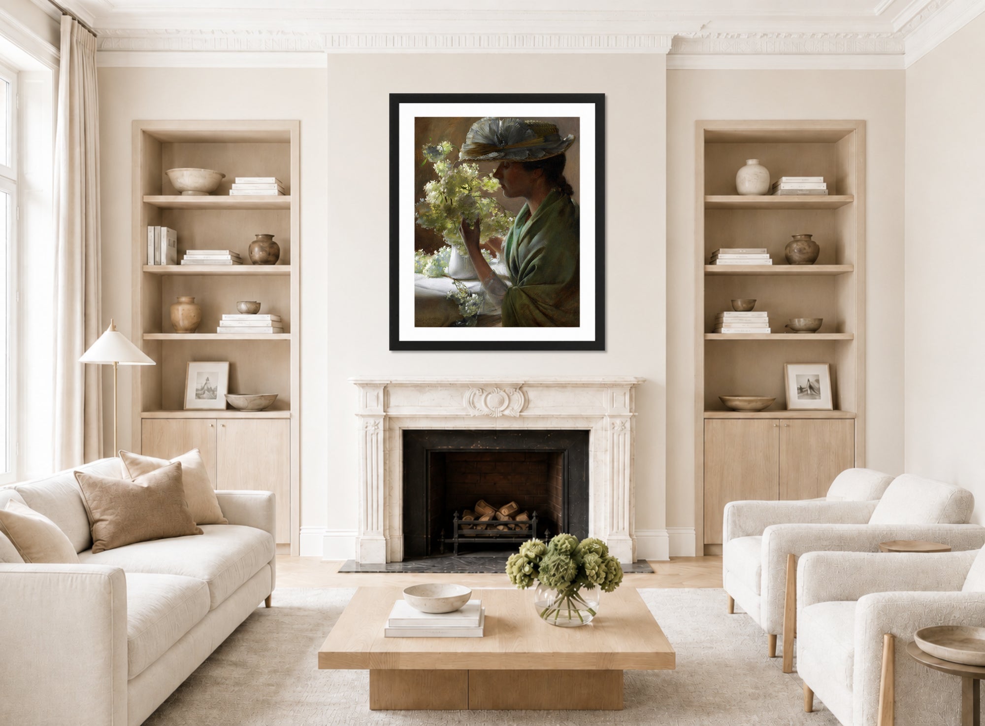 Charles Courtney Curran Print, Lady with a Bouquet (Snowballs) (1890) displayed in a Scandinavian living room