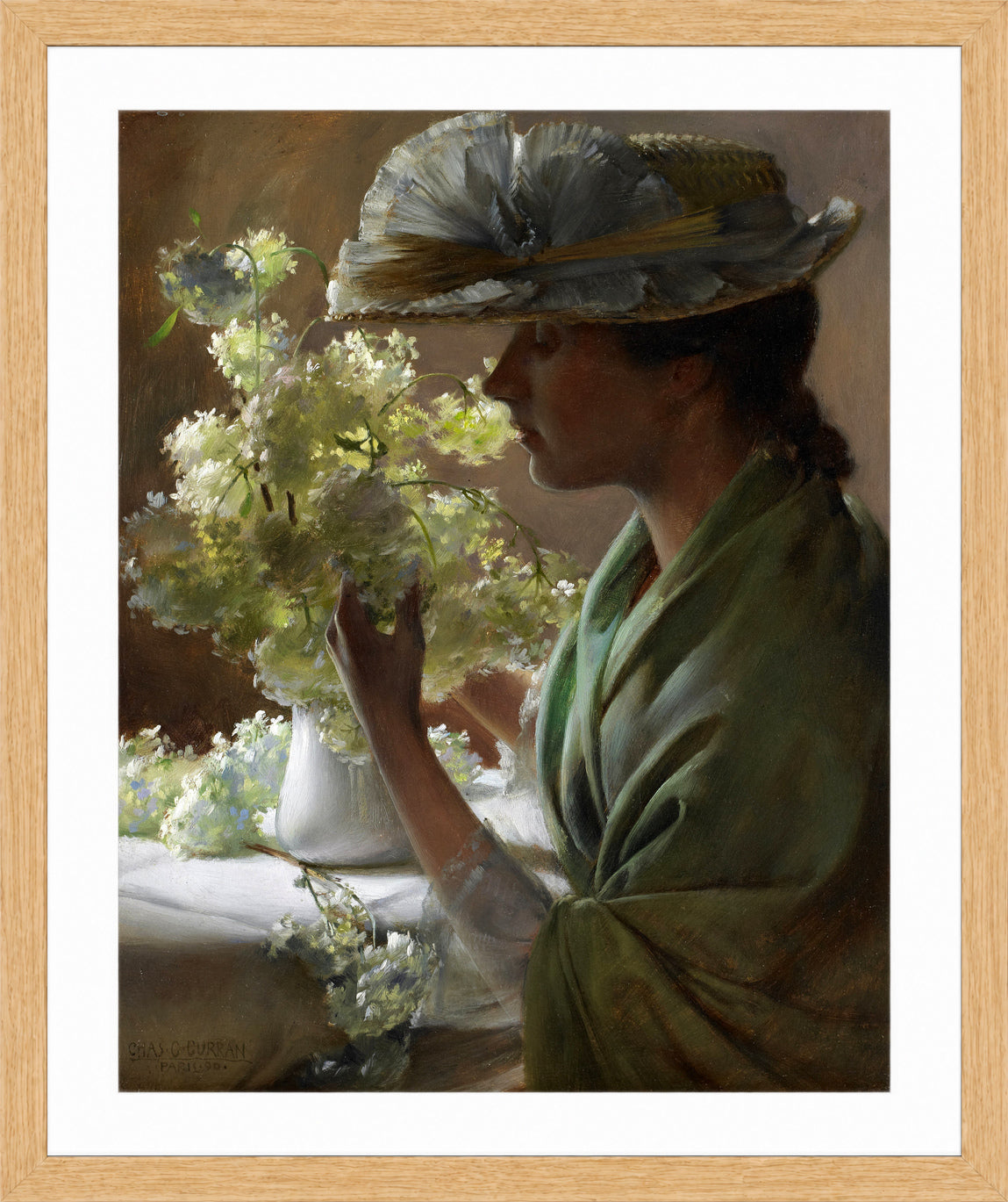 Charles Courtney Curran Print, Lady with a Bouquet (Snowballs) (1890) in a light oak frame
