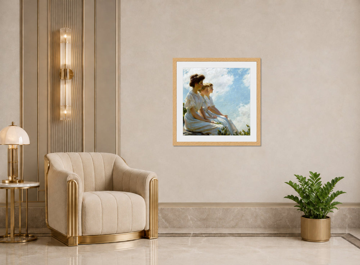 Charles Courtney Curran Print, On the Heights (c. 1909) displayed in an Art Deco interior
