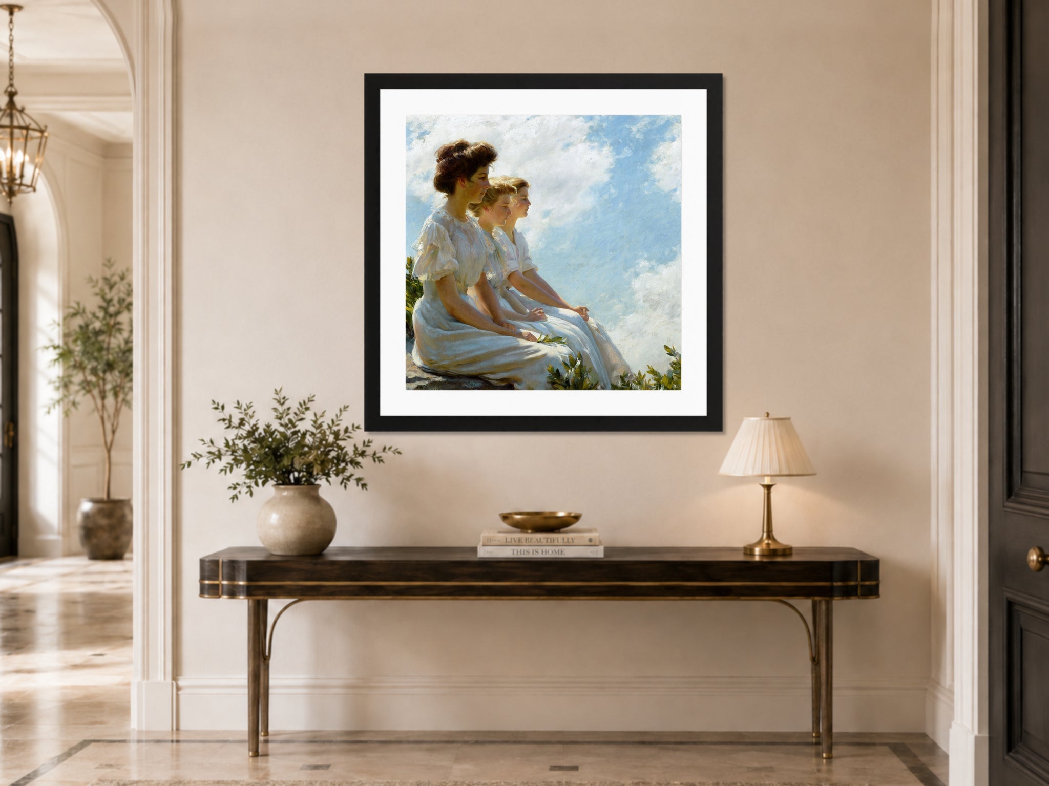 Charles Courtney Curran Print, On the Heights (c. 1909) displayed above a console table