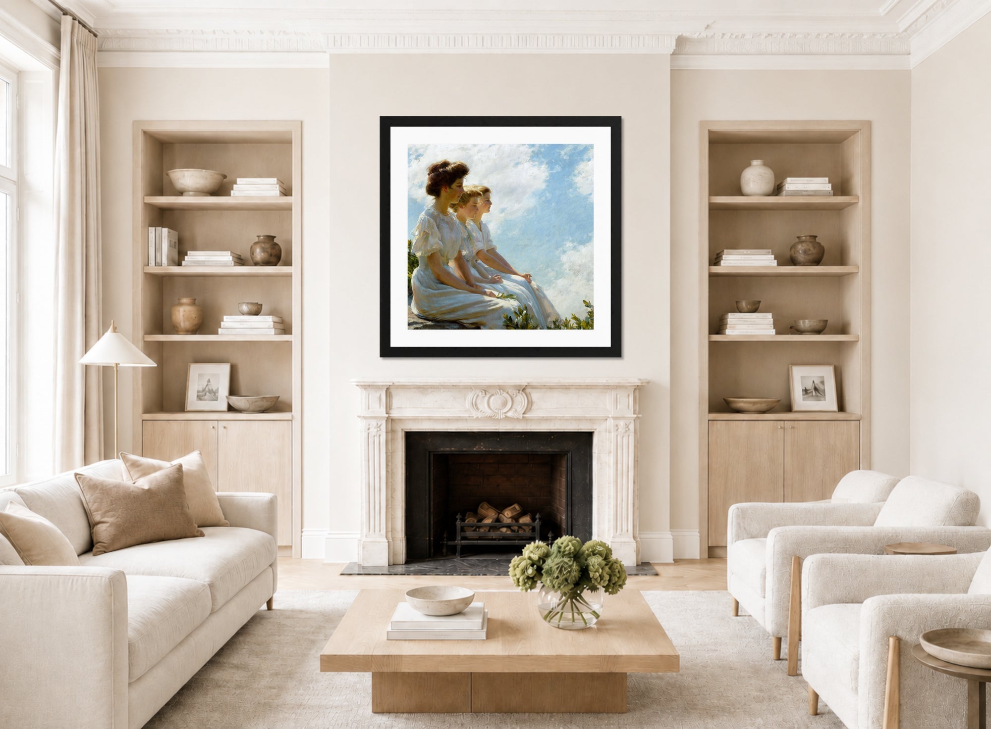 Charles Courtney Curran Print, On the Heights (c. 1909) displayed in a Scandinavian living room