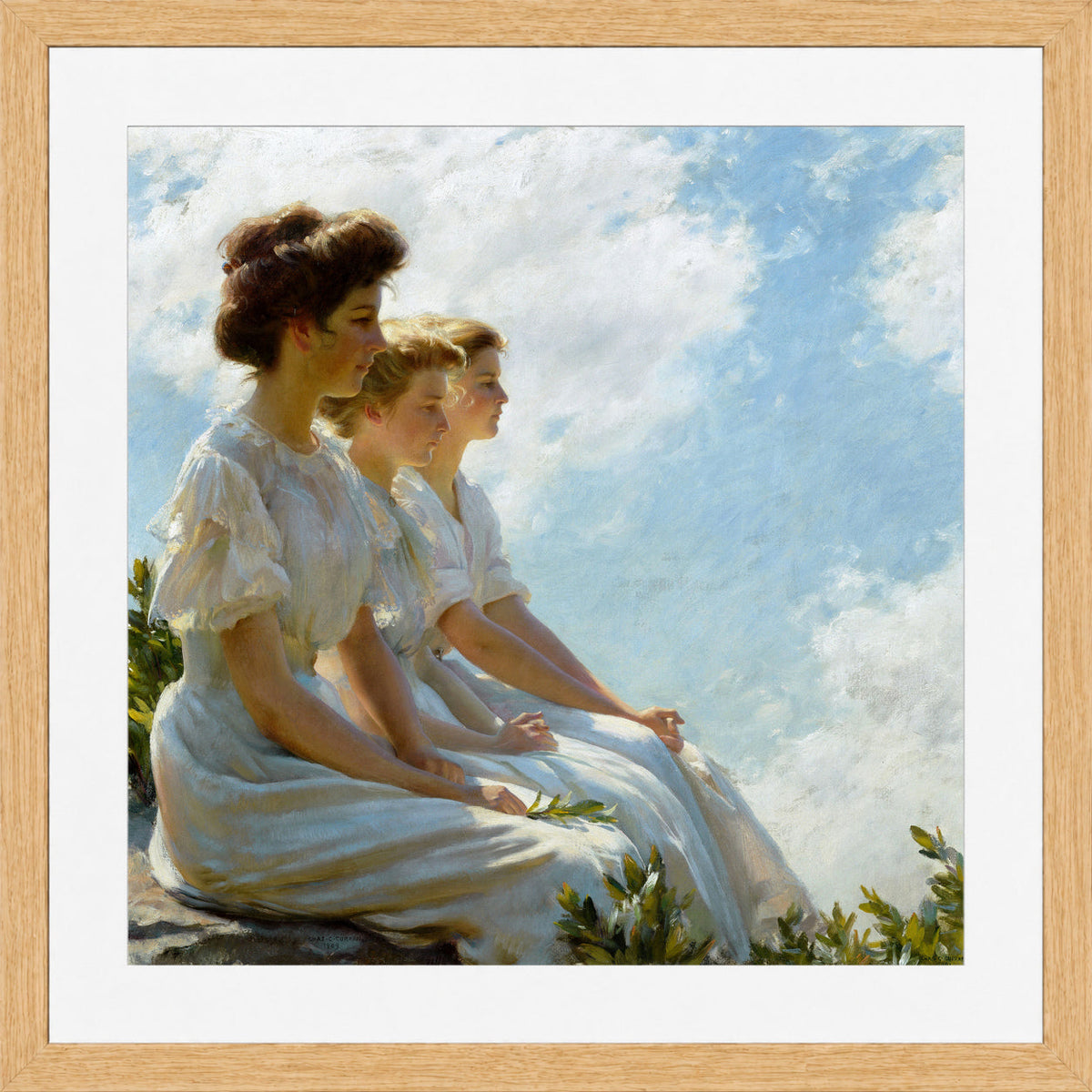 Charles Courtney Curran Print, On the Heights (c. 1909) in a light oak frame