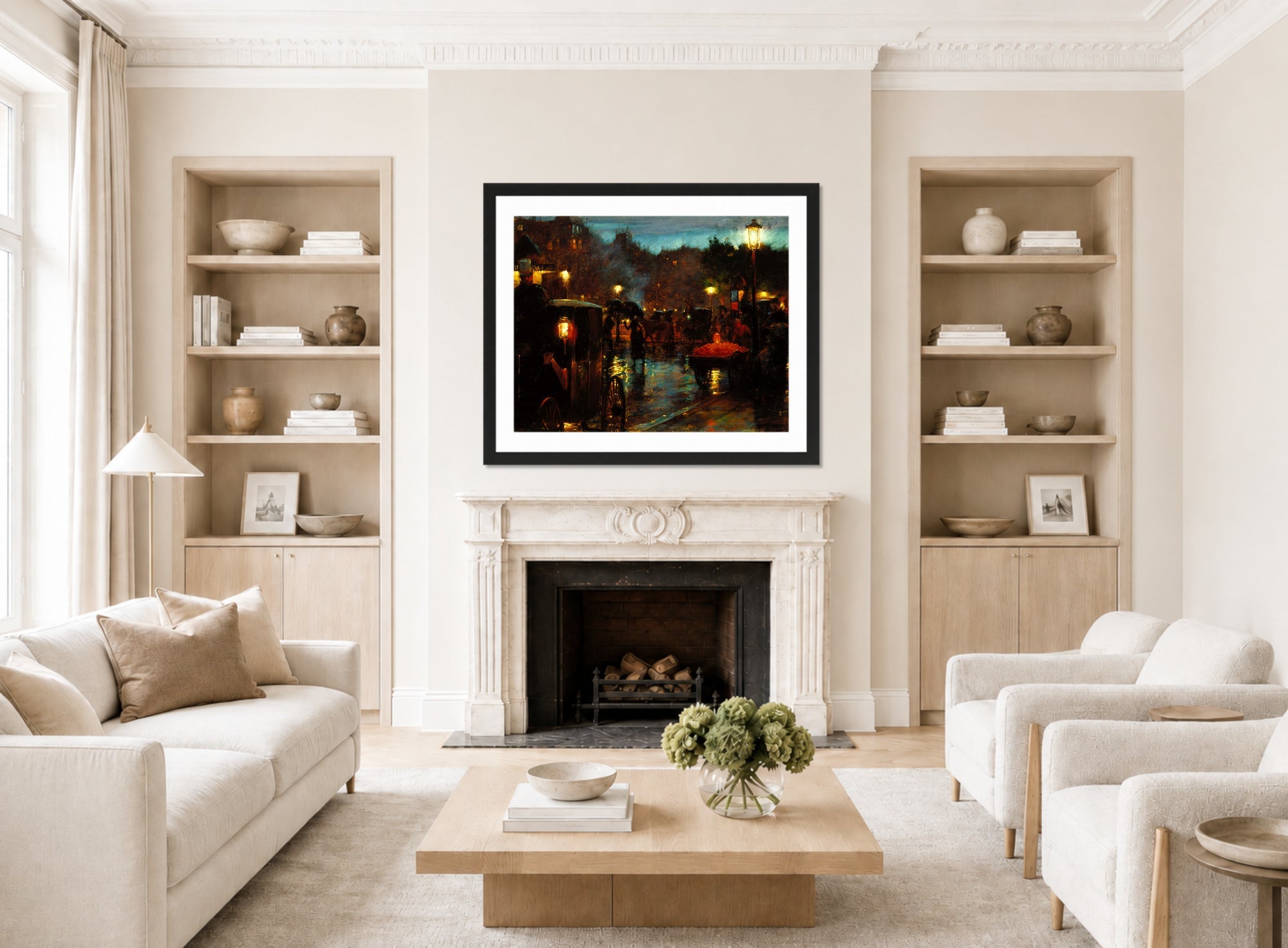 Charles Courtney Curran Print, Paris at Night (1889) displayed in a Scandinavian living room