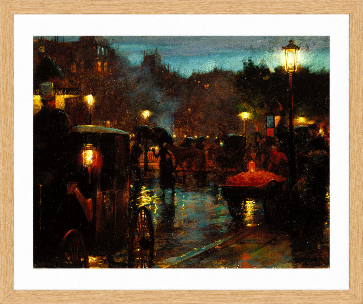 Charles Courtney Curran Print, Paris at Night (1889) in a light oak frame