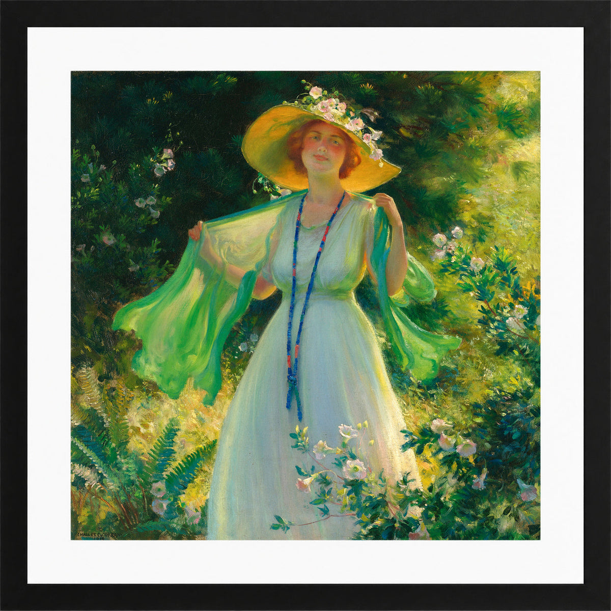 Charles Courtney Curran Print, Path of Flowers (1919) in a black frame