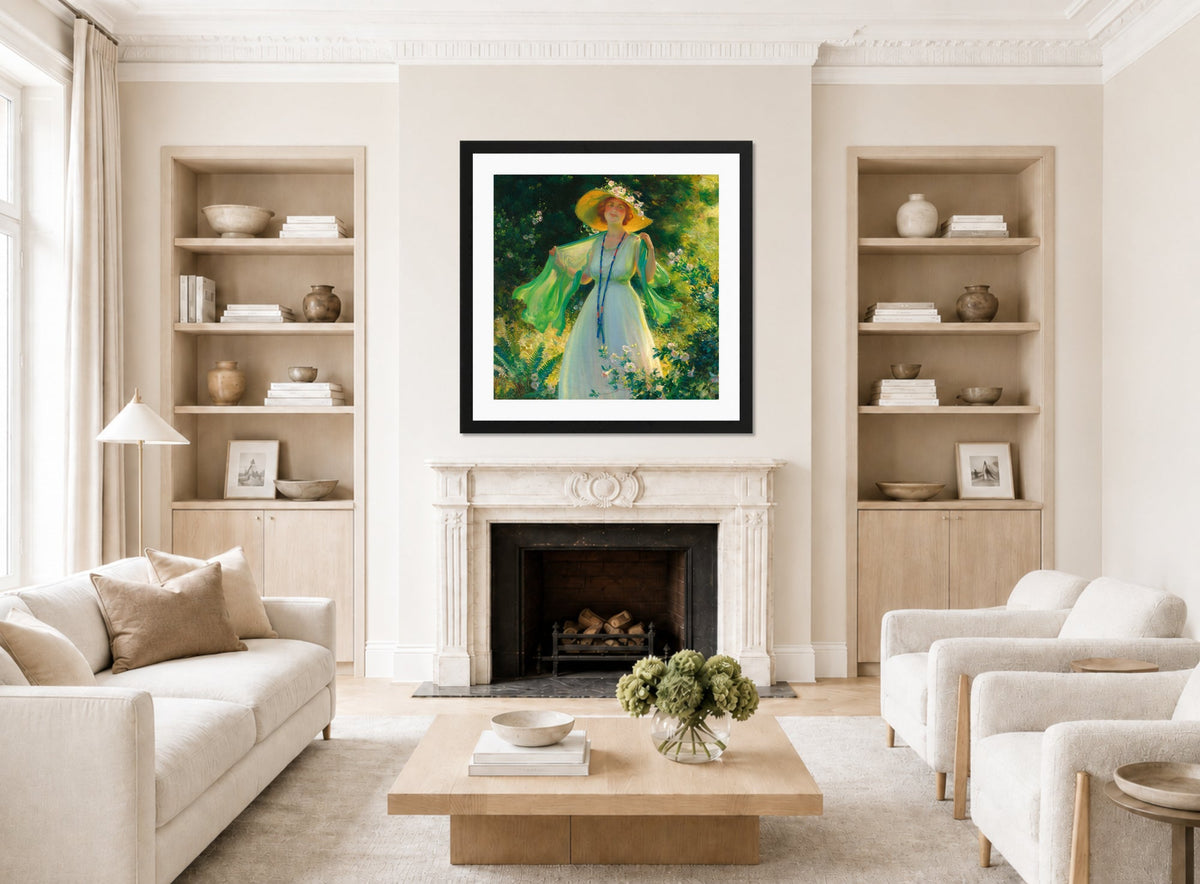 Charles Courtney Curran Print, Path of Flowers (1919) displayed in a Scandinavian living room