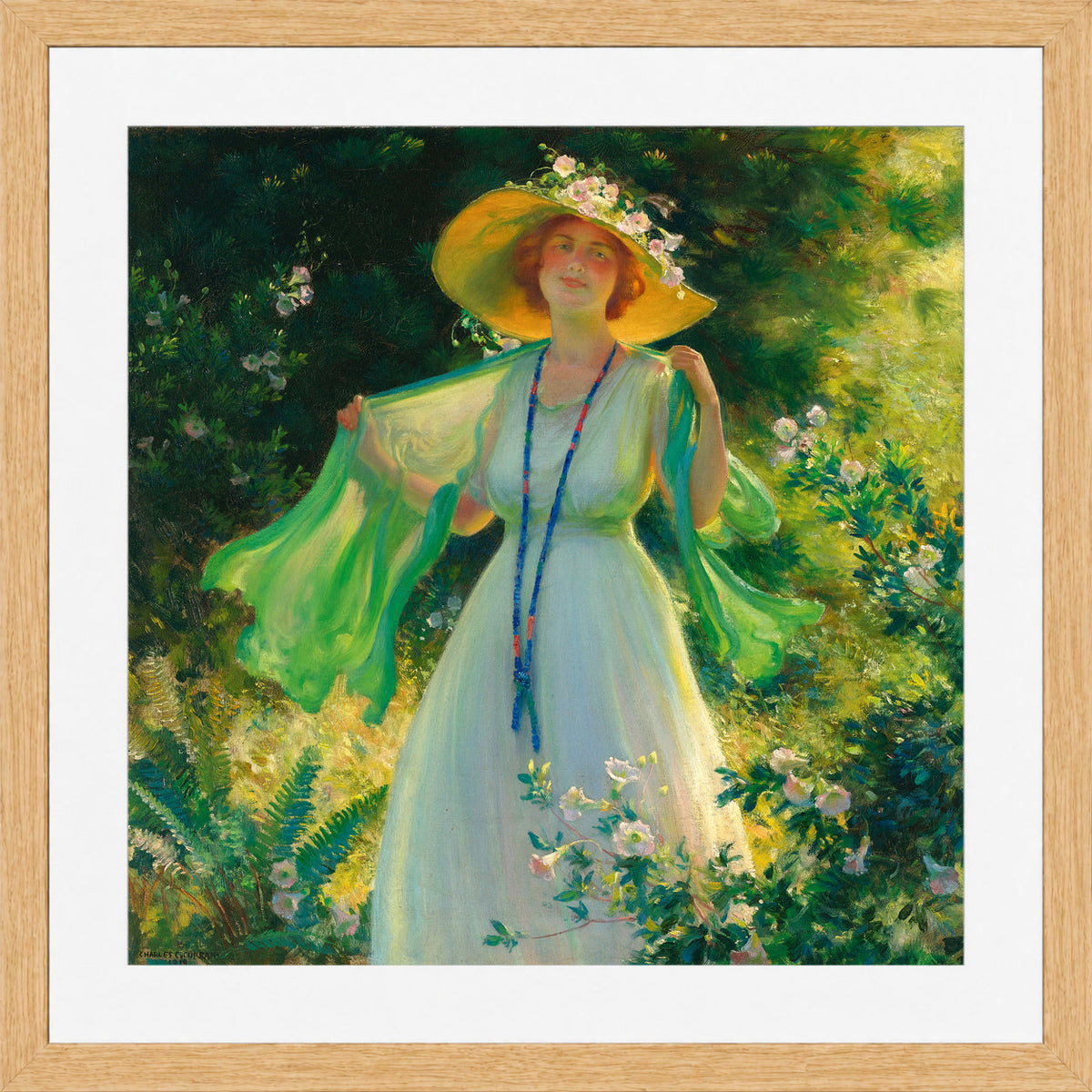 Charles Courtney Curran Print, Path of Flowers (1919) in a light oak frame