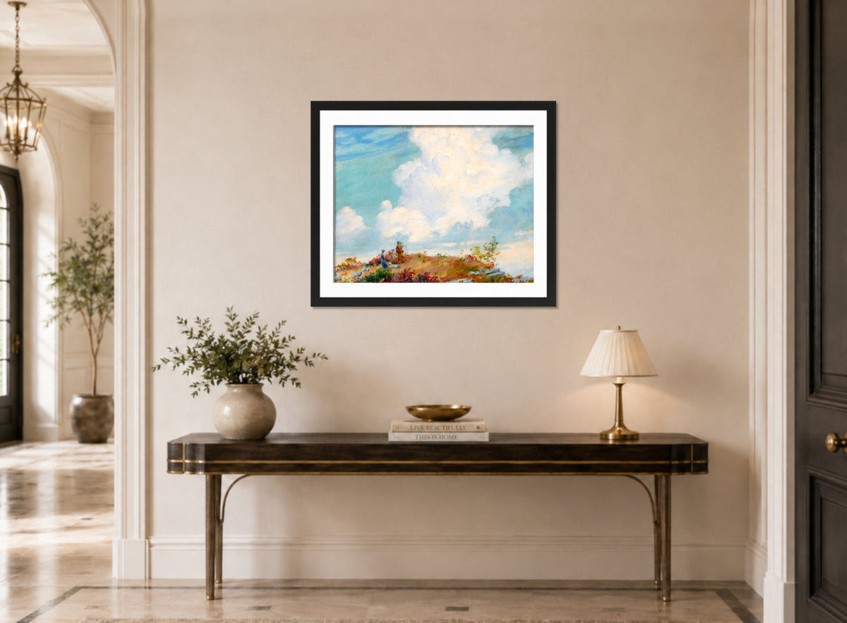 Charles Courtney Curran Print, Pink Cloud over Mountain (1925) displayed above a console table