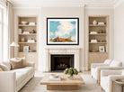 Charles Courtney Curran Print, Pink Cloud over Mountain (1925) displayed in a Scandinavian living room