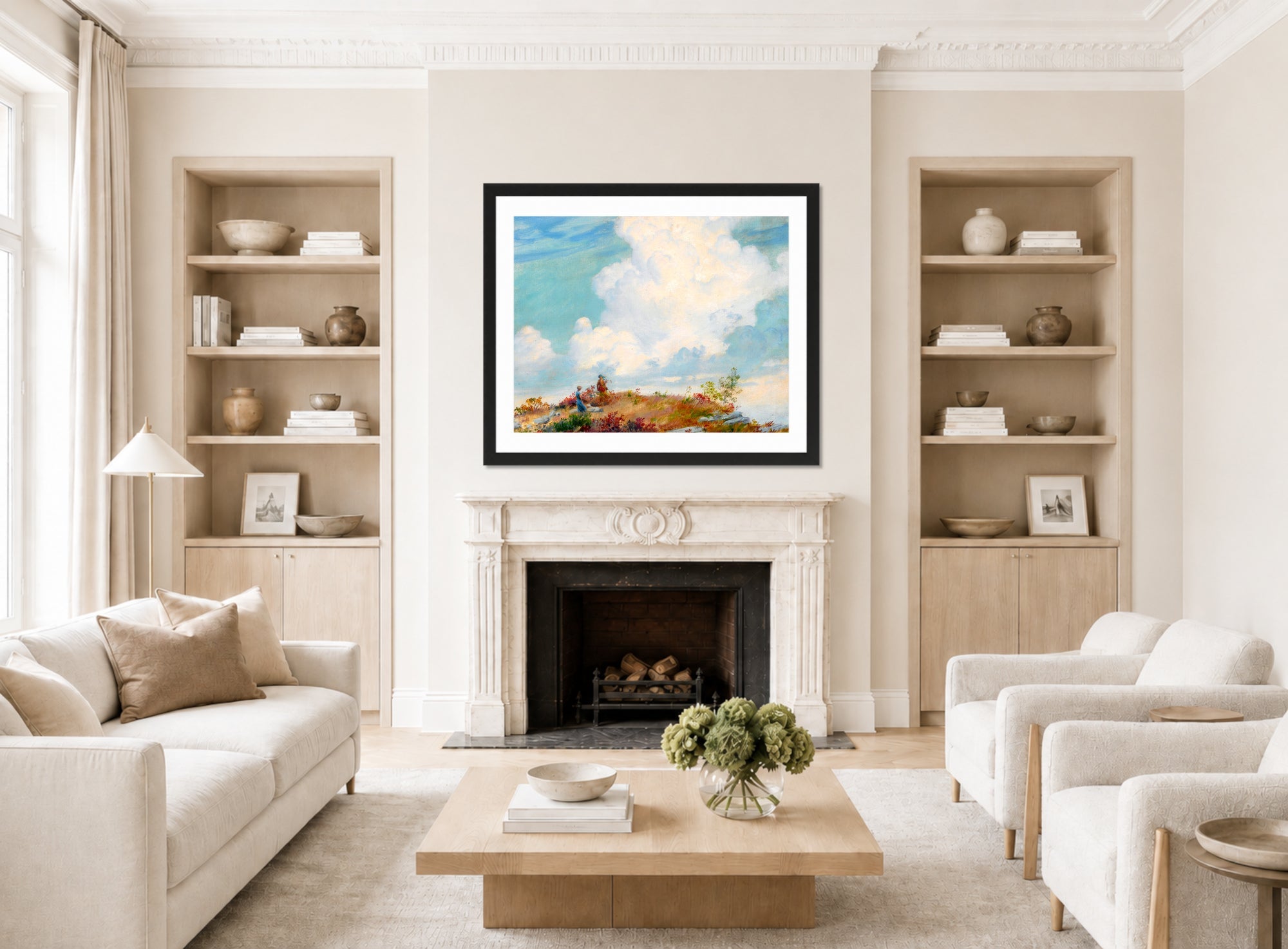 Charles Courtney Curran Print, Pink Cloud over Mountain (1925) displayed in a Scandinavian living room