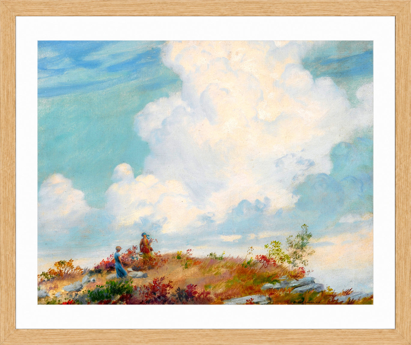 Charles Courtney Curran Print, Pink Cloud over Mountain (1925) in a light oak frame
