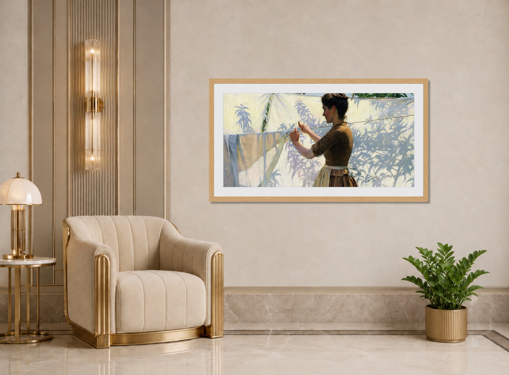 Charles Courtney Curran Print, Shadows (1887) displayed in an Art Deco interior
