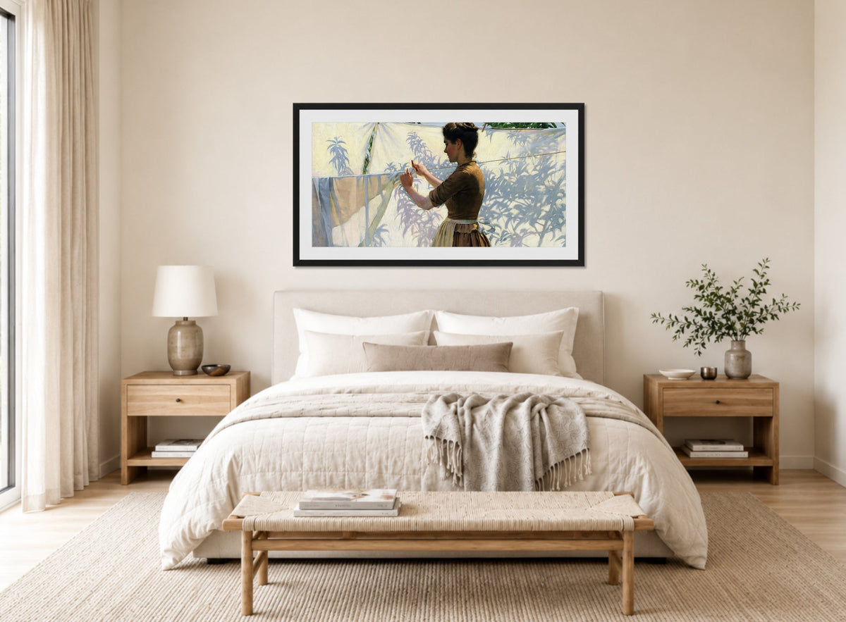 Charles Courtney Curran Print, Shadows (1887) displayed above a bed