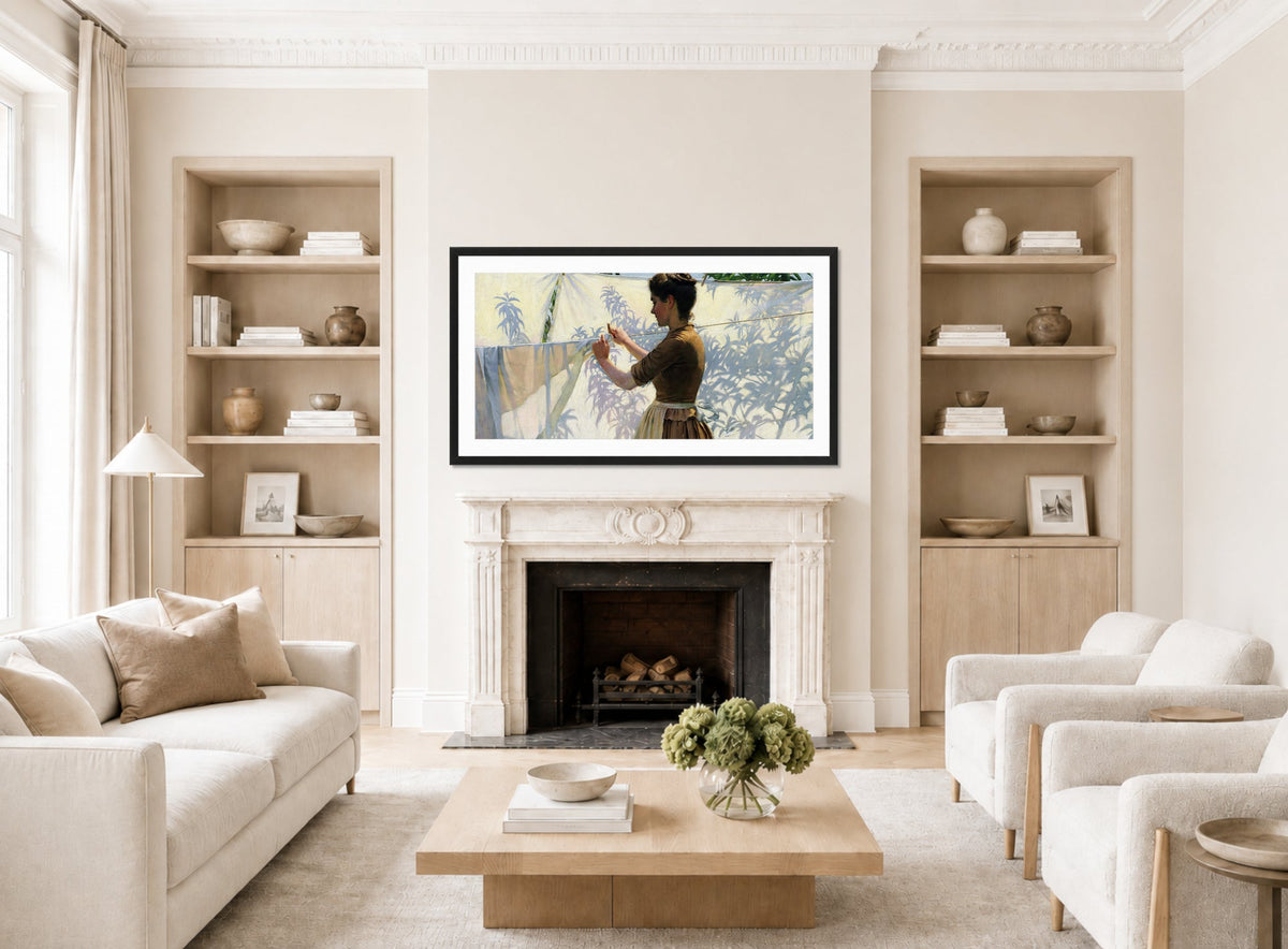 Charles Courtney Curran Print, Shadows (1887) displayed in a Scandinavian living room