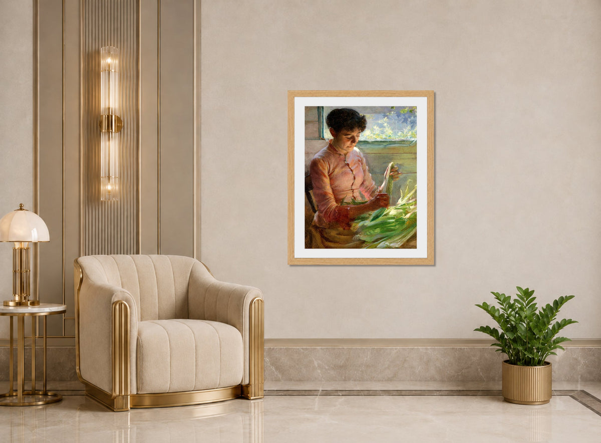 Charles Courtney Curran Print, Shucking Corn (1891) displayed in an Art Deco interior