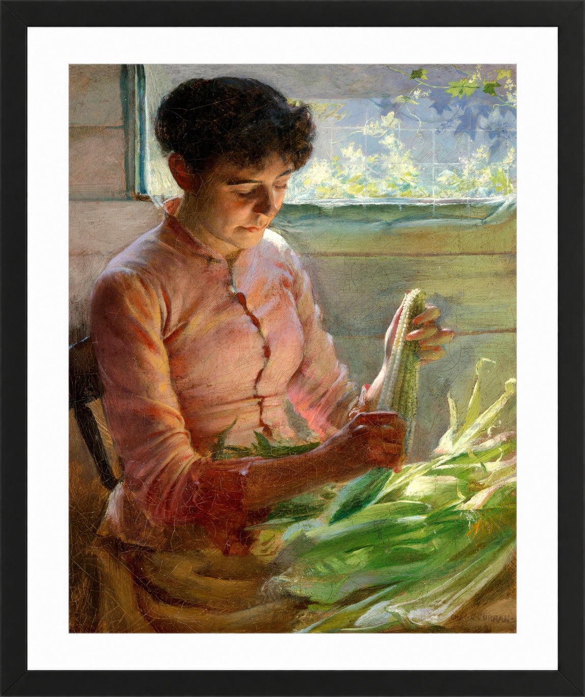 Charles Courtney Curran Print, Shucking Corn (1891) in a black frame