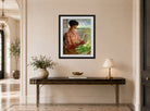 Charles Courtney Curran Print, Shucking Corn (1891) displayed above a console table