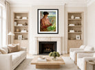 Charles Courtney Curran Print, Shucking Corn (1891) displayed in a Scandinavian living room