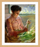 Charles Courtney Curran Print, Shucking Corn (1891) in a light oak frame