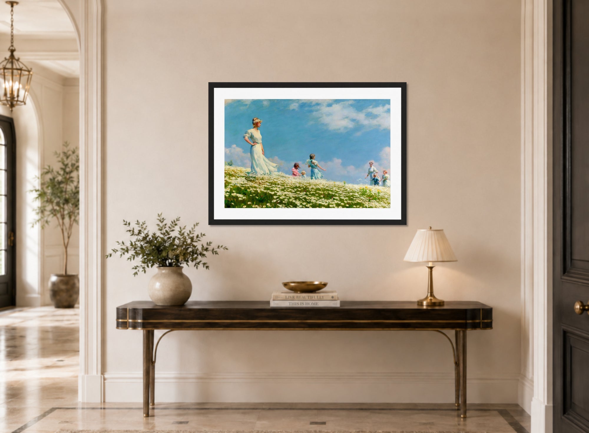 Charles Courtney Curran Print, Summer (1906) displayed above a console table