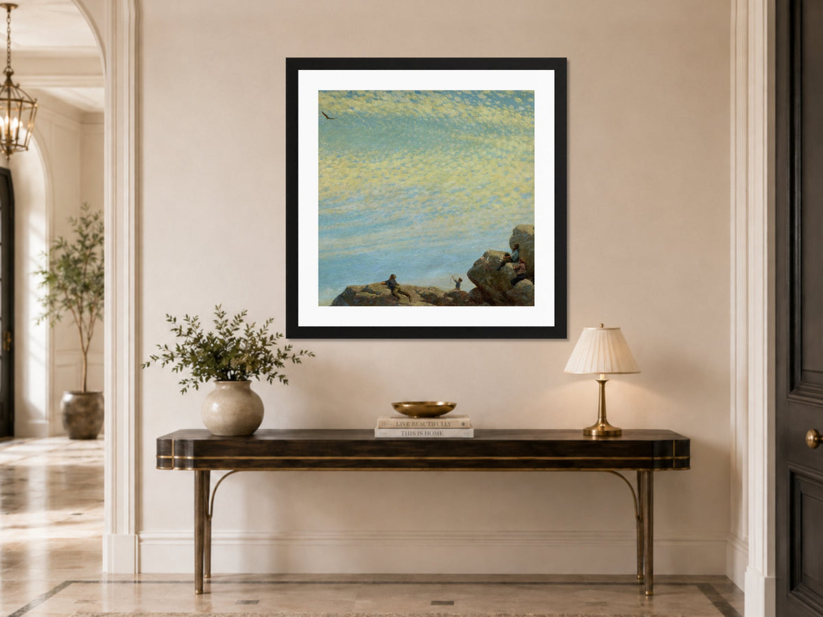 Charles Courtney Curran Print, The Hawk (1909) displayed above a console table