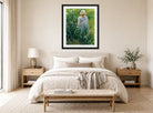 Charles Courtney Curran Print, The Iris Bed (1891) displayed above a bed