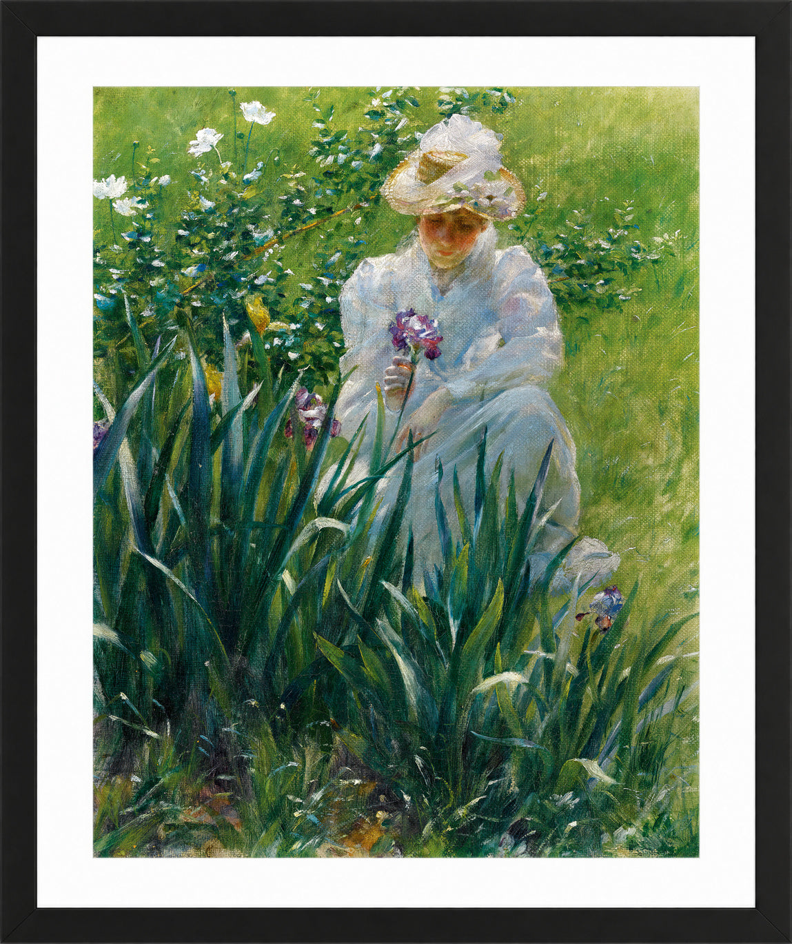 Charles Courtney Curran Print, The Iris Bed (1891) in a black frame