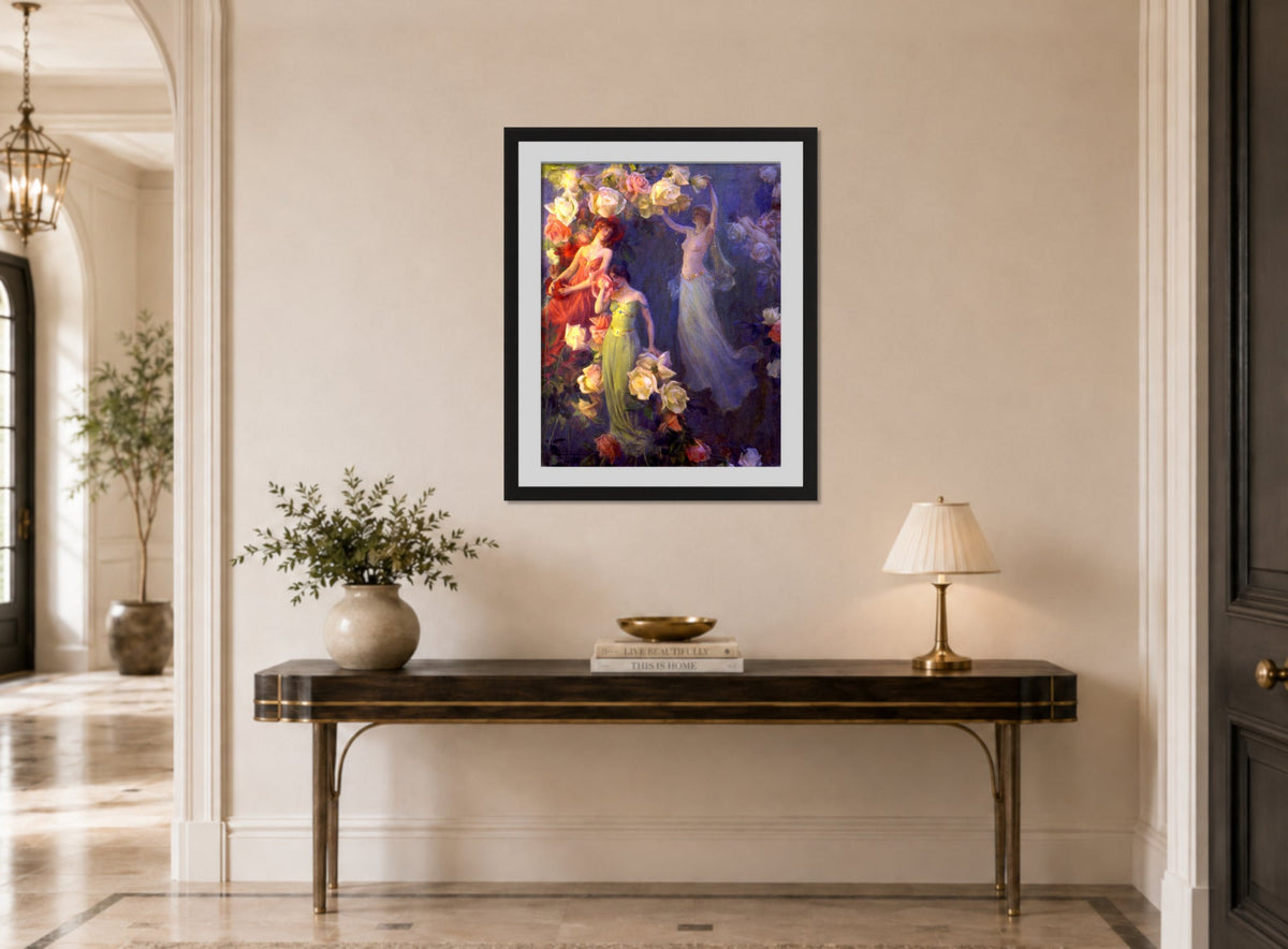 Charles Courtney Curran Print, The Perfume of Roses (1902) displayed above a console table