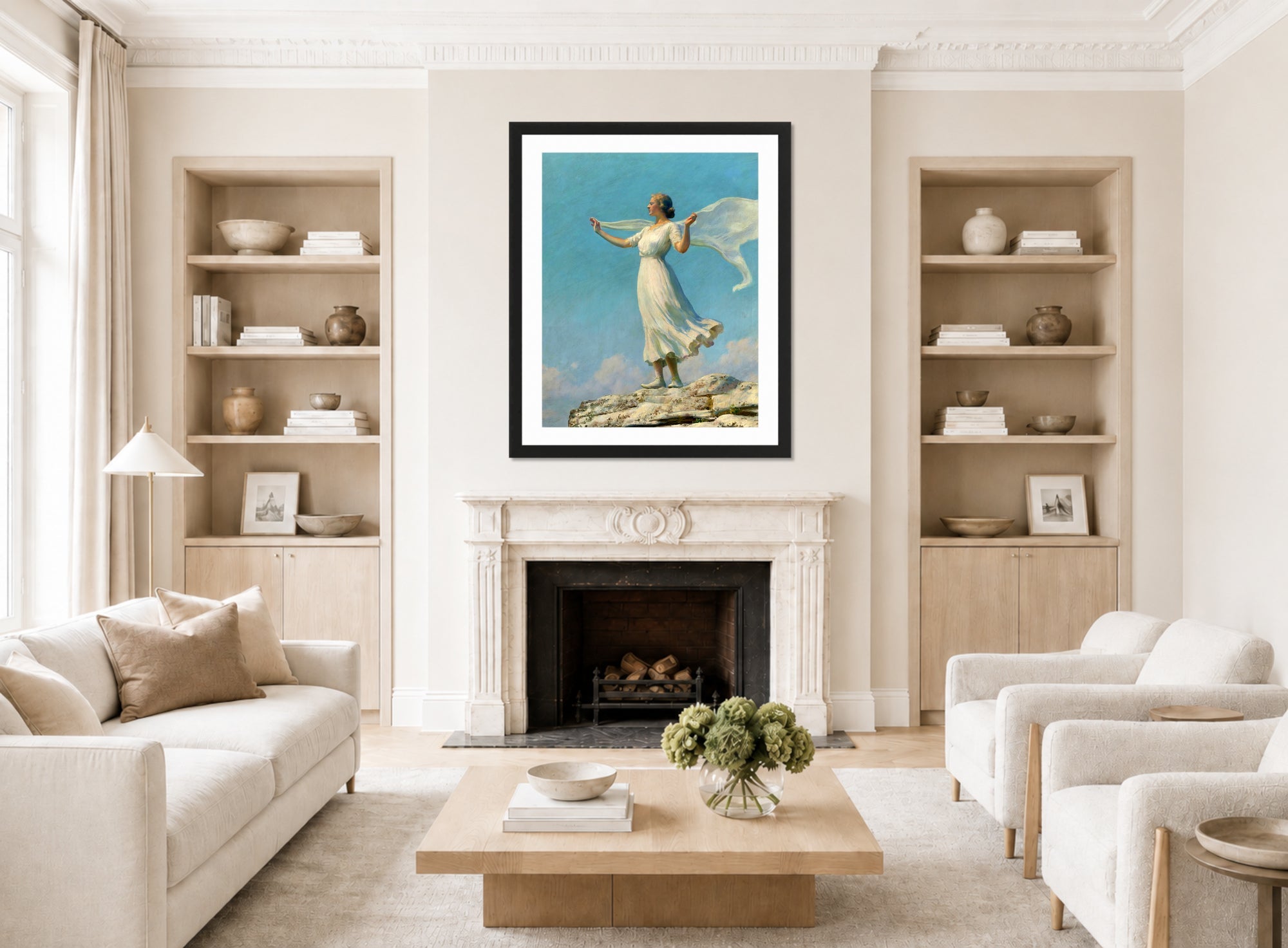 Charles Courtney Curran Print, The South Wind (The Breezy Day) (1917) displayed in a Scandinavian living room