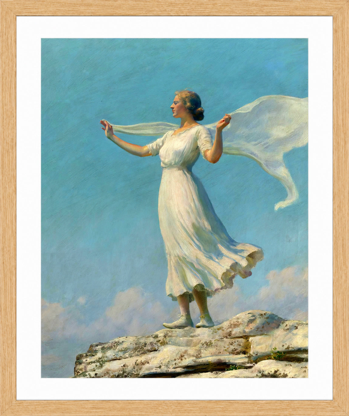 Charles Courtney Curran Print, The South Wind (The Breezy Day) (1917) in a light oak frame