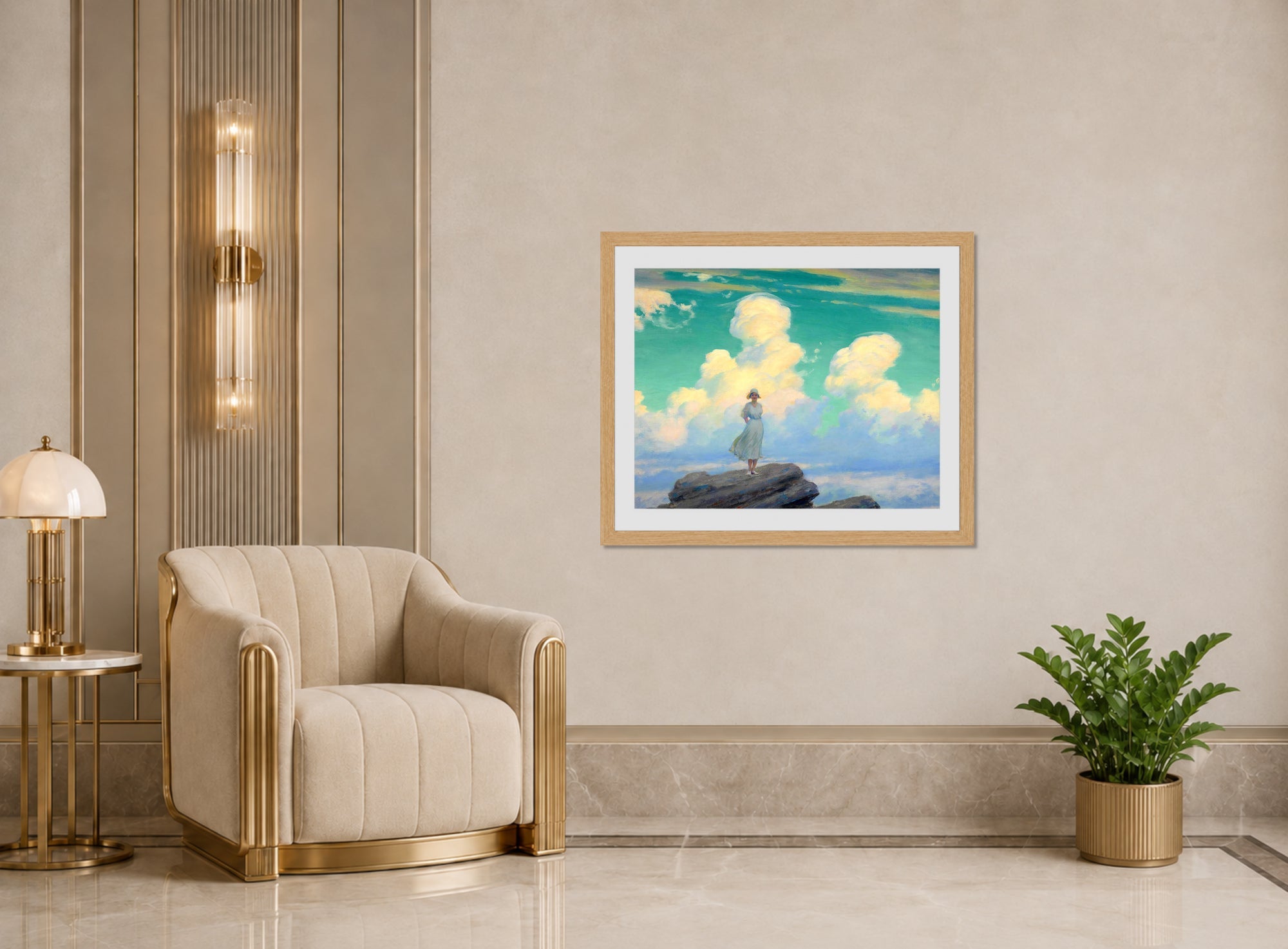 Charles Courtney Curran Print, The Veiled Cloud (1926) displayed in an Art Deco interior