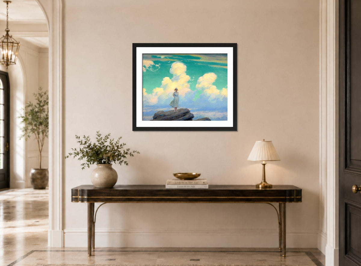Charles Courtney Curran Print, The Veiled Cloud (1926) displayed above a console table