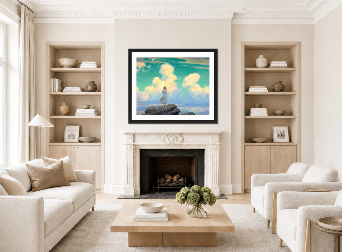 Charles Courtney Curran Print, The Veiled Cloud (1926) displayed in a Scandinavian living room