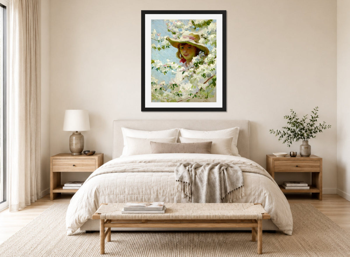 Charles Courtney Curran Print, Untitled displayed above a bed