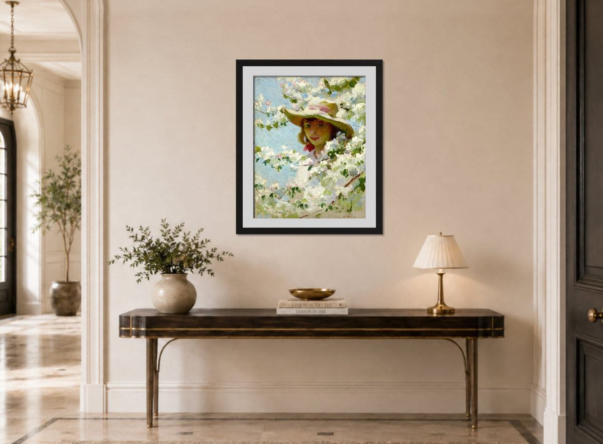 Charles Courtney Curran Print, Untitled displayed above a console table