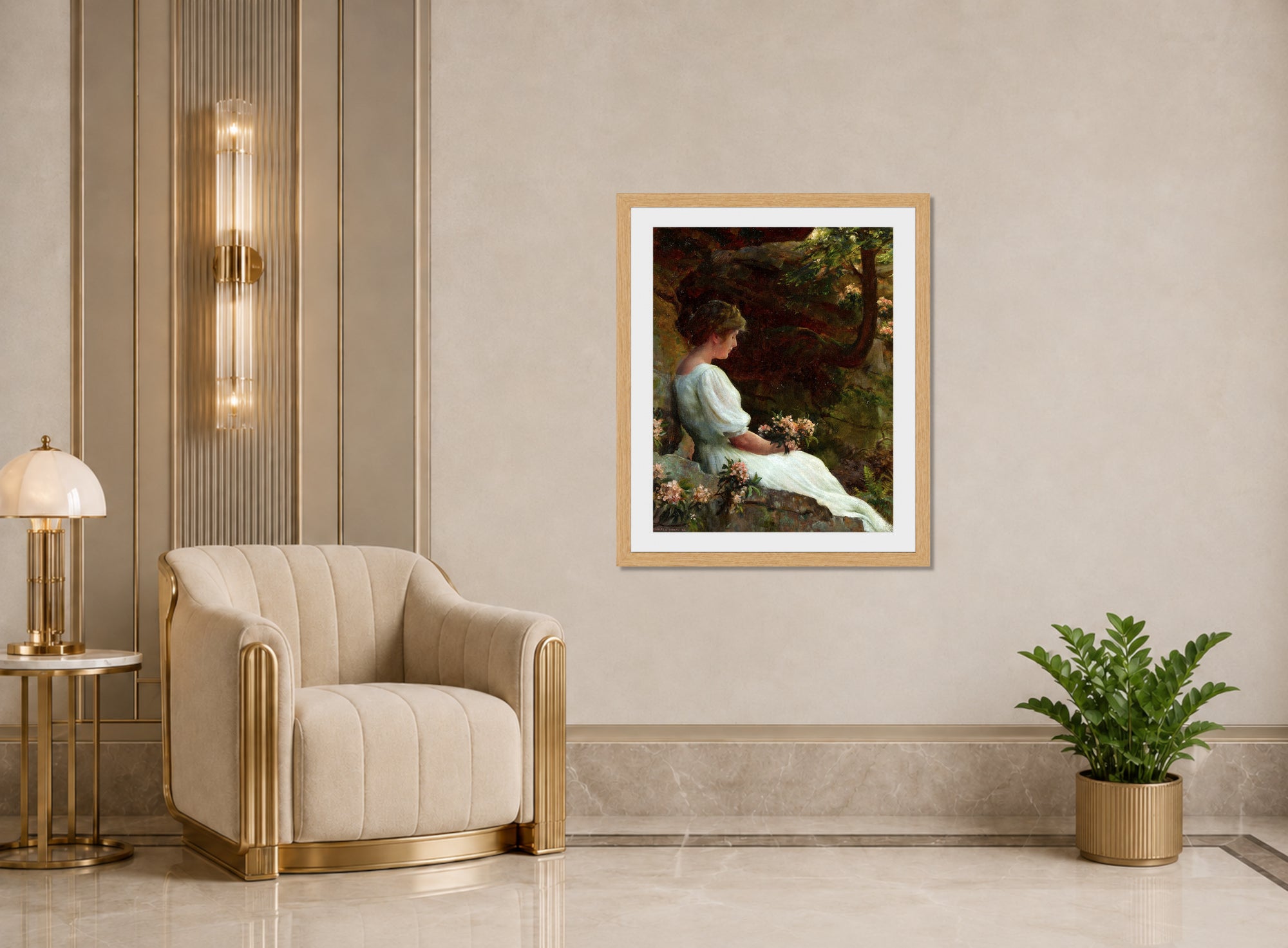 Charles Courtney Curran Print, Wishful Thinking (1913) displayed in an Art Deco interior