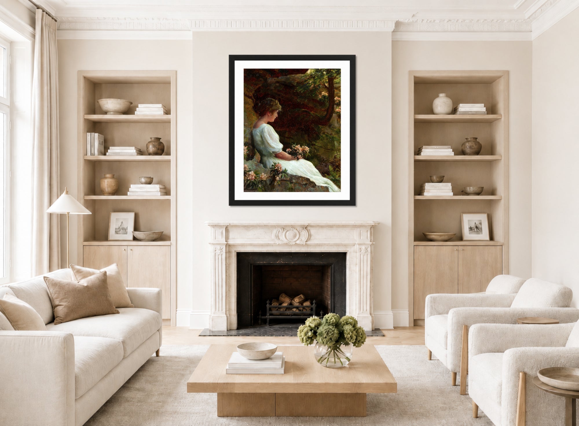 Charles Courtney Curran Print, Wishful Thinking (1913) displayed in a Scandinavian living room