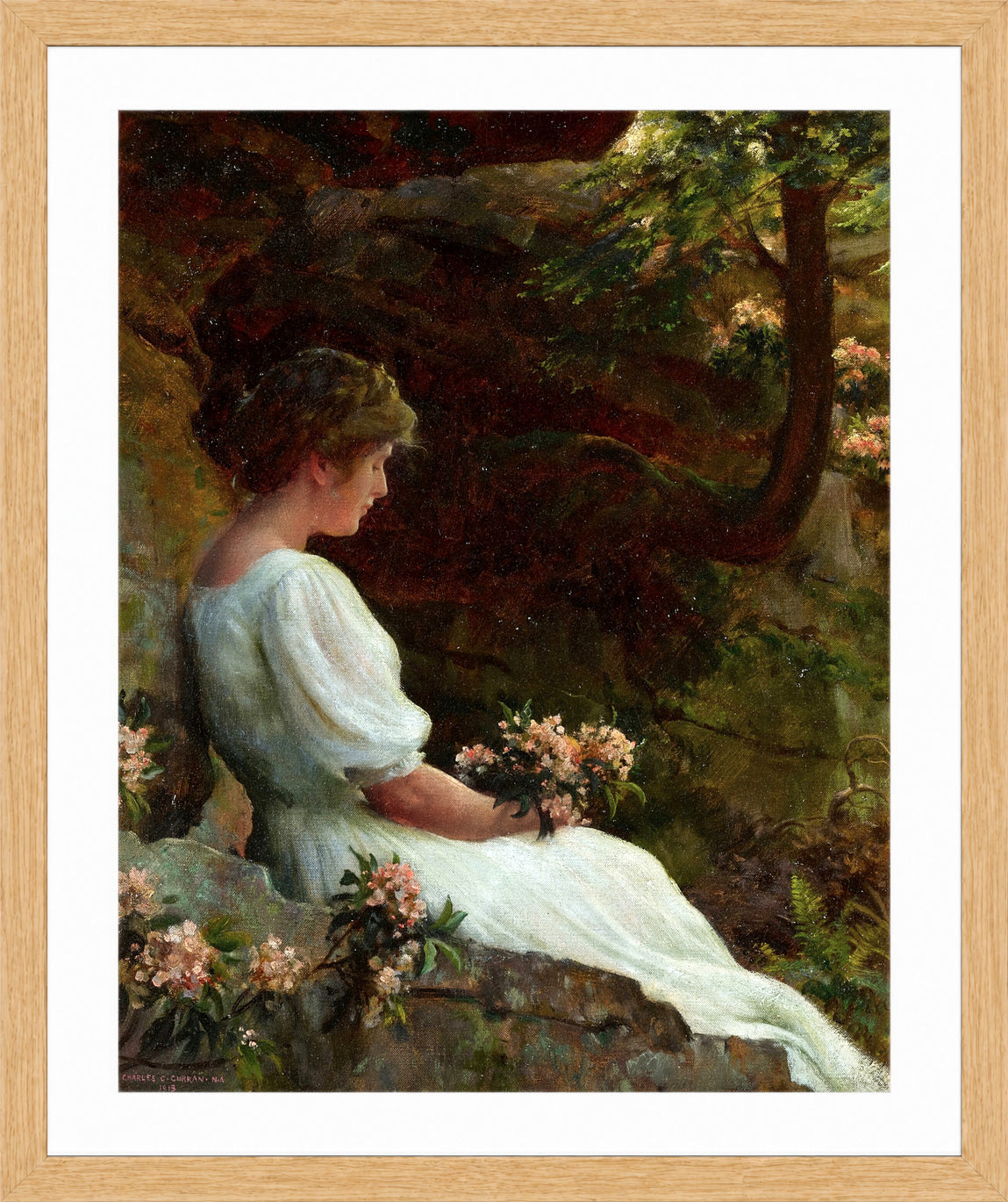 Charles Courtney Curran Print, Wishful Thinking (1913) in a light oak frame