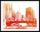A framed art print featuring a stylized, high-contrast red and orange cityscape with skyscrapers and a riverboat on the water, presented in a black frame with a white mat.